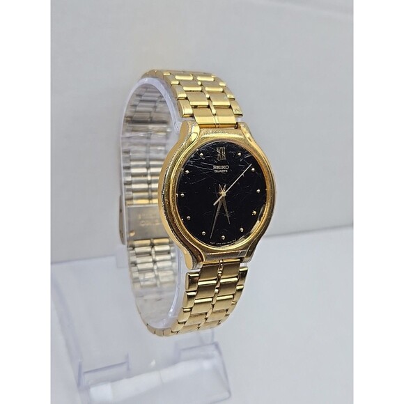 Seiko Quartz V701 6K09 Gold Tone Black Dial Mens Dress Watch New Battery Vintage - Picture 3 of 16